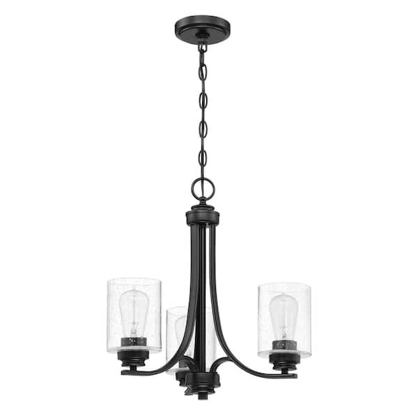 CRAFTMADE Bolden 3-Light Flat Black Finish with Seeded Glass Transitional Chandelier for Kitchen/Dining/Foyer, No Bulbs Included