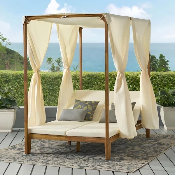 Tatayosi Teak Wood Adjustable Outdoor Patio Daybed with Beige Cushions and Water-resistant Curtains