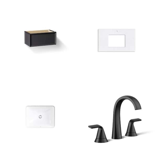 Enivo 37 in. Vanity Cabinet (Gloss Black), 37 in. Quartz Top, Sink (White), Faucet (Matte Black)