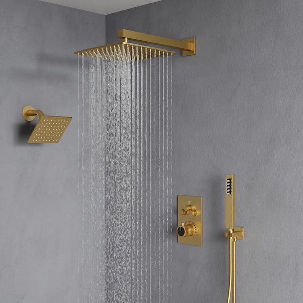 6 in. and 7-Spray 12 in. Thermostatic Wall Bar Shower Systems with Handheld 2.5 GPM in Brushed Gold (Valve Included)