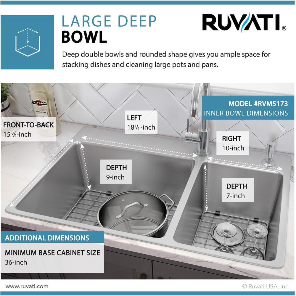 Ruvati 37" Stainless Steel Drop-In Double Bowl Kitchen Sink