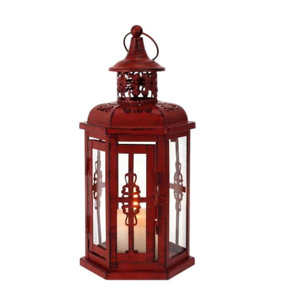 10 in. Red Distressed Filigree Metal Tabletop Lantern Candle Holder