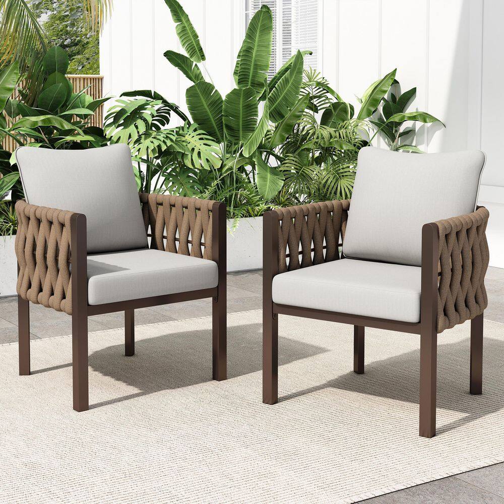 Brown Powder-Coated Tub Design Wide Rope Weaving Iron Outdoor Lounge Chair in Brown and Light Grey Set of 2 price history on PriceWatchPro