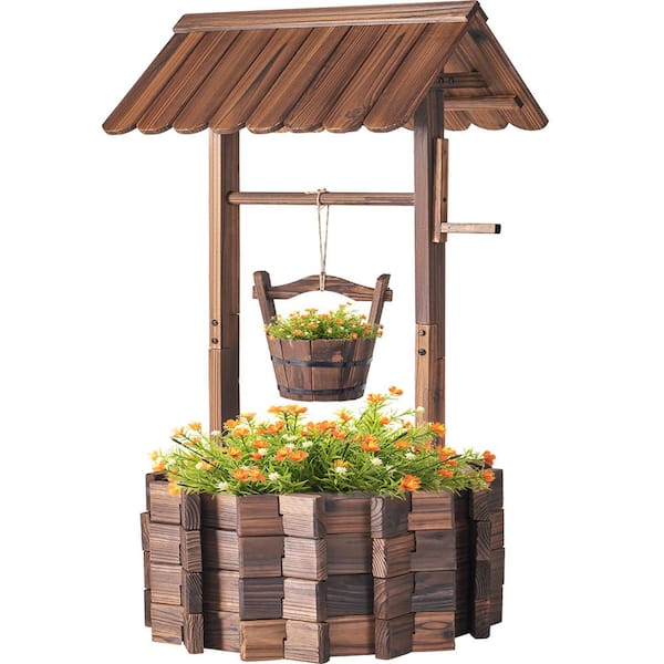 Sizzim Outdoor Wishing Well Wood Planter with Hanging Bucket for Garden