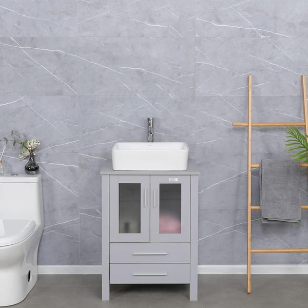 eclife 24 in. W x 20 in. D x 32 in. H Single Sink Bath Vanity in Gray with White Ceramic Top Chrome Faucet Set