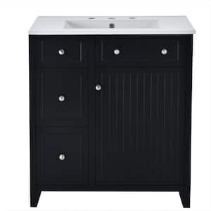 30 in. W Freestanding Bath Vanity in Black with White Ceramic Top and Sink, Double-Layer Drawer