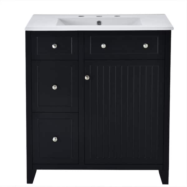 Nivencai 30 in. W Freestanding Bath Vanity in Black with White Ceramic Top and Sink, Double-Layer Drawer