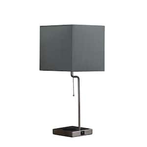 AstonSquare 21.5 in. Silver LED Table Lamp w/Wireless Charging and Blue/Green Square Drum Cotton/Linen Shade