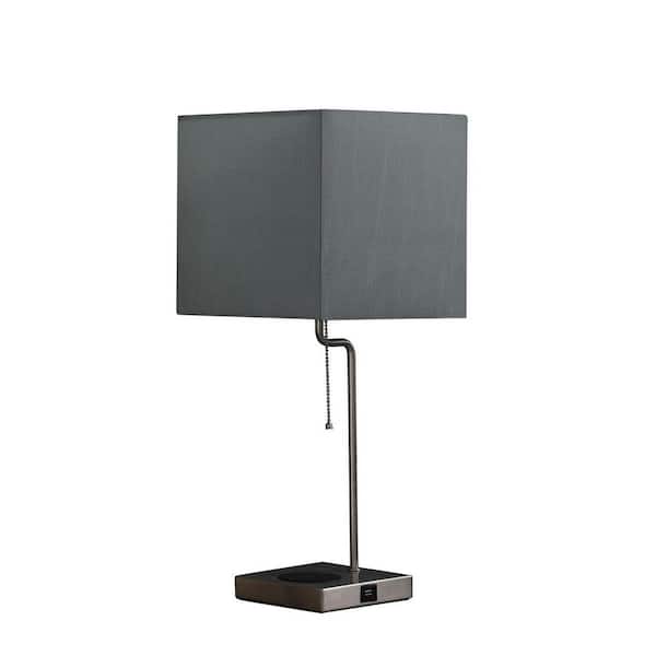 Etokfoks AstonSquare 21.5 in. Silver LED Table Lamp w/Wireless Charging and Blue/Green Square Drum Cotton/Linen Shade