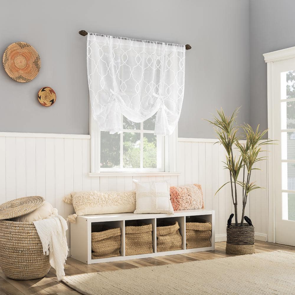 White Embroidered Trellis Light-Filtering Rod Pocket Window Shade