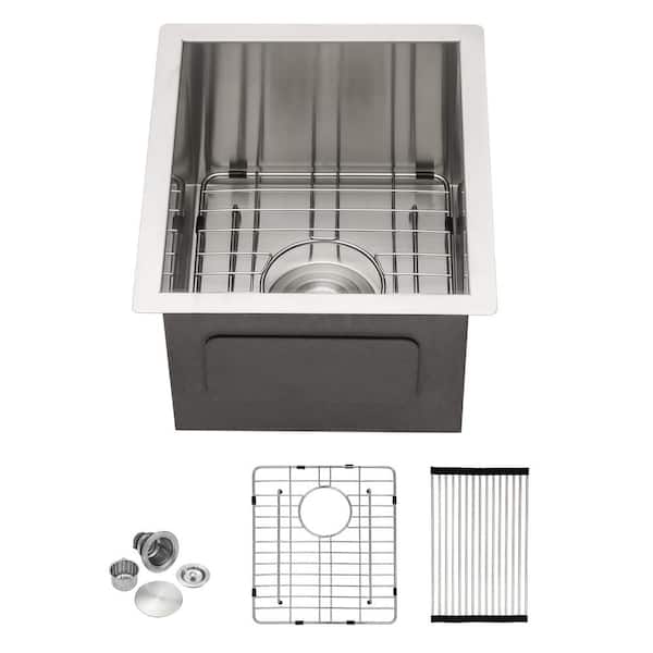 Sarlai 17 in. Undermount Single Bowl 18 Gauge Stainless Steel Kitchen Sink Bar Sink with Bottom Grid