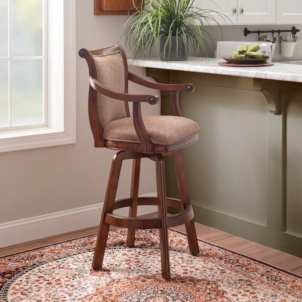 Moore Cherry Finish Barstool with Traditional Brown Tweed Upholstery