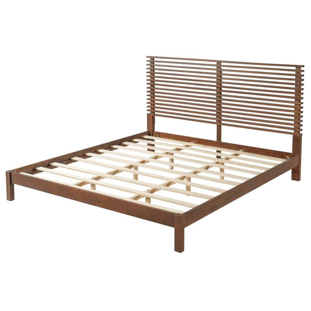 Garrick Modern Walnut Brown Premium Solid Wood Frame King Size Platform Bed with Slatted Headboard