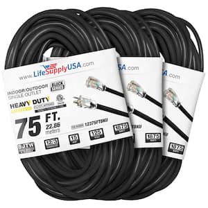 75 ft. 12-Gauge/3-Conductors SJTW Indoor/Outdoor Extension Cord with Lighted End Black (3-Pack)