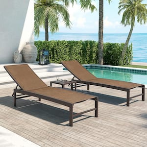 3-Piece Adjustable Aluminum Outdoor Chaise Lounge in Brown with Table Set