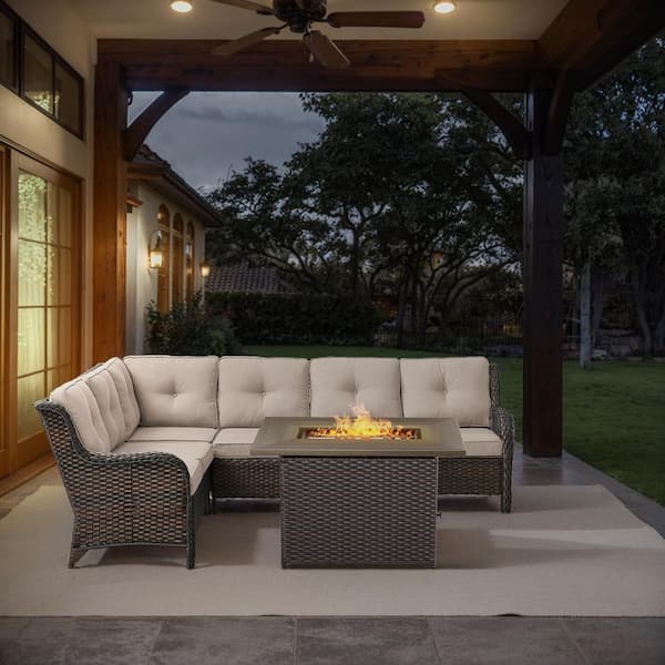 Brown 2-Piece Wicker Patio Fire Pit Set, Outdoor 6-Seater Sectional Seating Set with Olefin Beige Cushions
