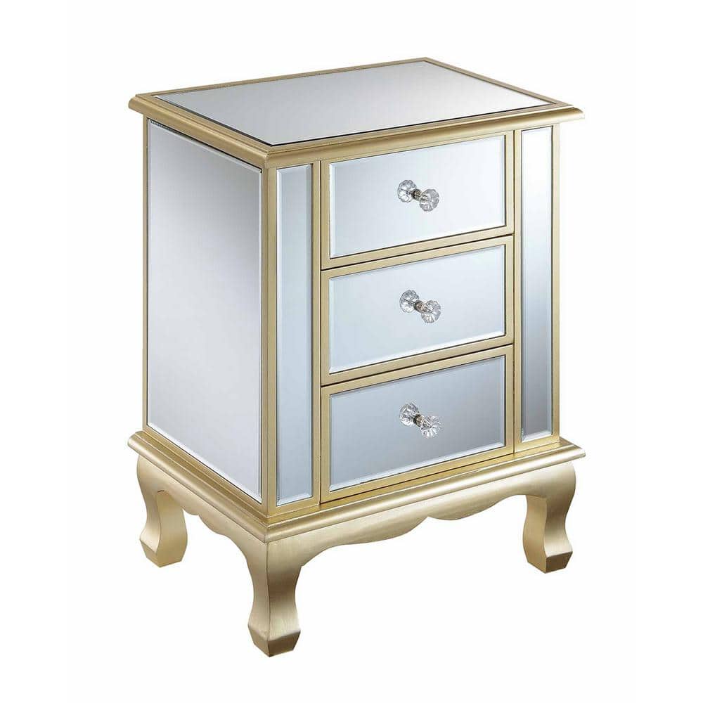 Gold Coast White Wood Mirrored Glass 3-Drawer End Table