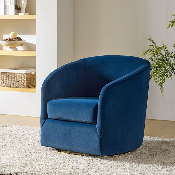Estefan Navy Comfy Velvet Swivel Barrel Chair with Metal Base