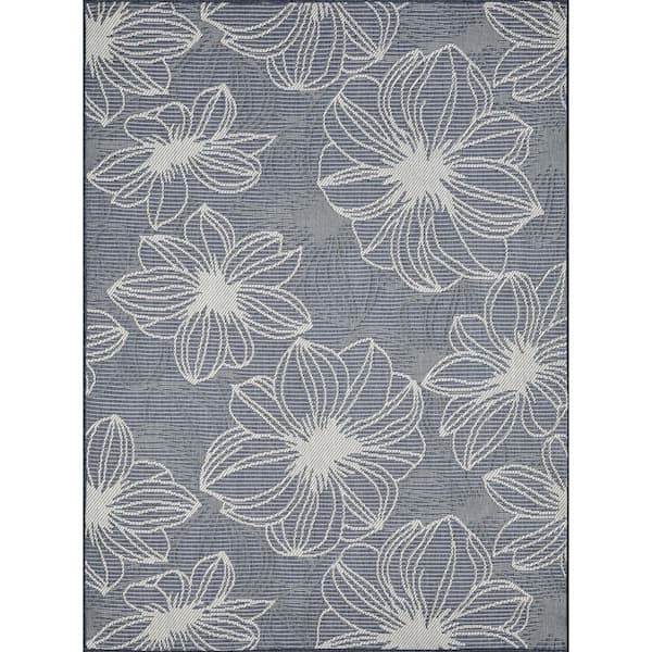 LOOMAKNOTI Breyleigh Cerimia Blue 5 ft. 3 in. x 7 ft. 3 in. Floral Polypropylene Indoor/Outdoor Area Rug