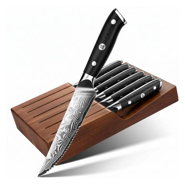 4.5in. Damascus Stainless Steel Full Tang Serrated Steak Knife with G10 Handle Set of 7 High Carbon Steel Kitchen Knives