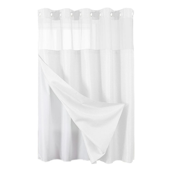 No Hook Shower Curtain with Snap in Fabric Liner Waffle Weave Heavy Duty Waterproof 72 x 75 White
