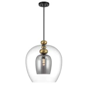 Amesbury 100-Watt 1-Light Black and Aged Brass Shaded Pendant Light with Smoked Glass Shade and No Bulbs Included