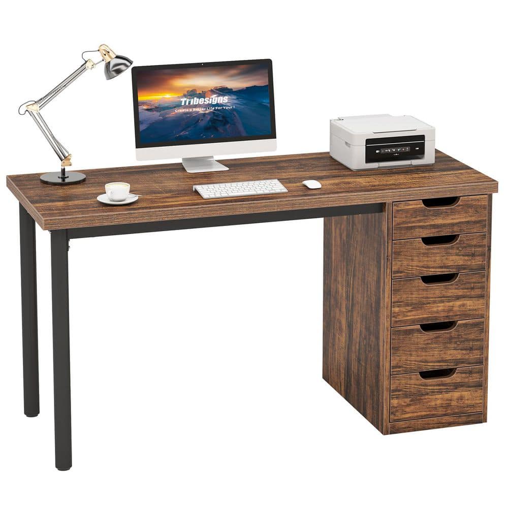 Havrvin 47 in. Rectangular Rustic Brown 5-Drawer Computer Desk, Modern Study Writing Table for Home Office