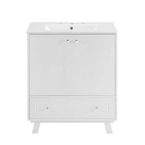 30 in. MDF  Ready to Assembly White Standing Bathroom Vanity Cabinet with White Ceramic Sink and Double Doors, 1-Drawer