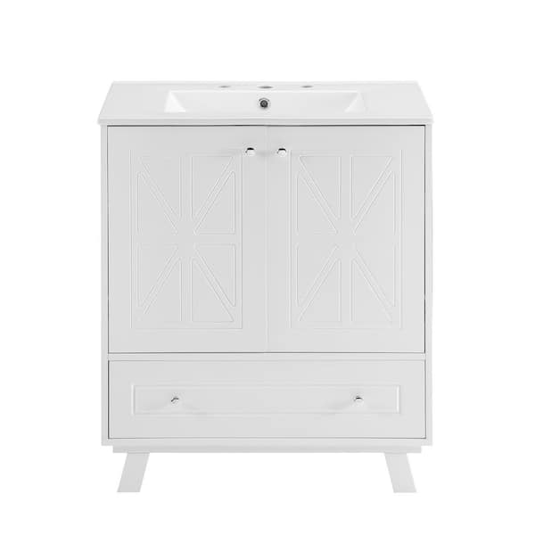 FUNKOL 30 in. D x 18 in. W x 33 in. H White MDF Ready to Assemble Standing Kitchen Cabinet with Ceramic Sink