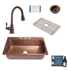 Angelico All-In-One Copper Drop-In 33 in. 3-Hole Single Bowl Kitchen Sink with Pfister Bronze Faucet and Strainer