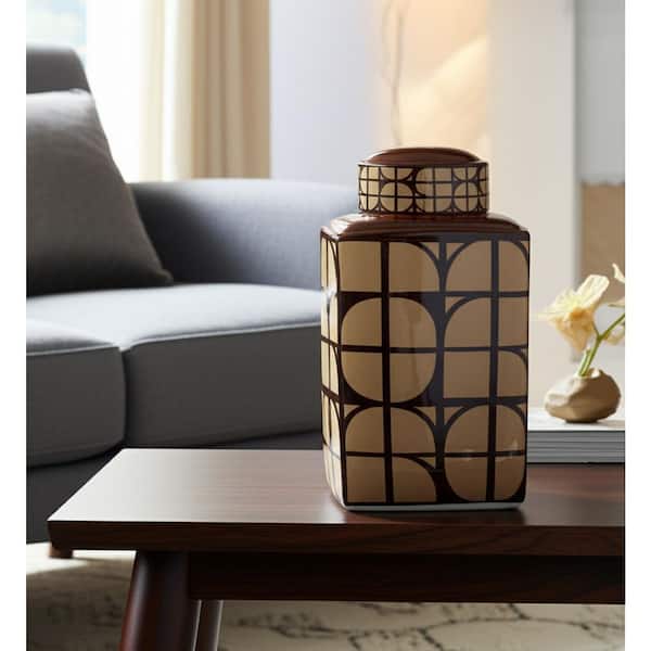 16 in. Java Brown Ceramic Square Jar with Lid