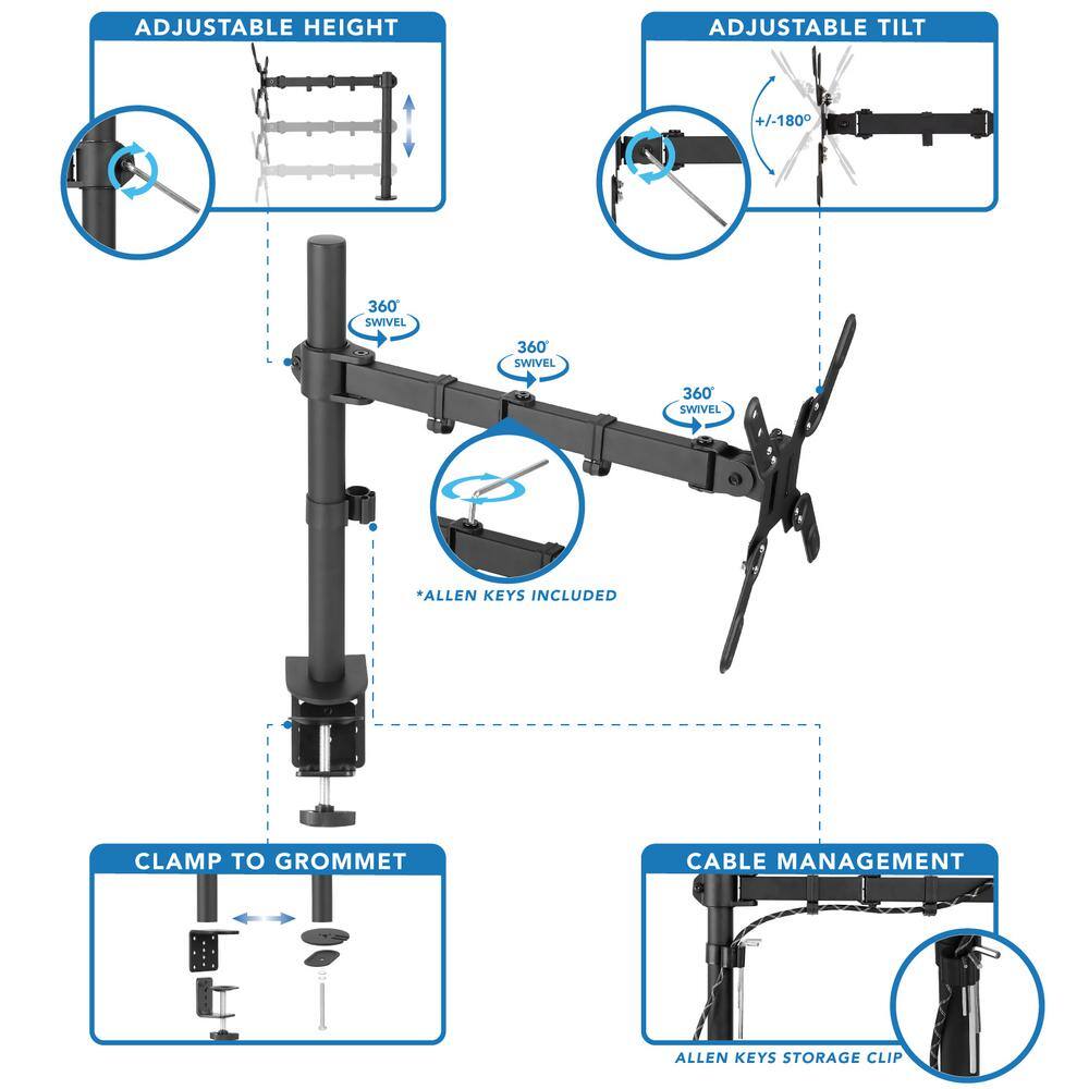 Black Adjustable Single Monitor Desk Mount with Full Motion Arm
