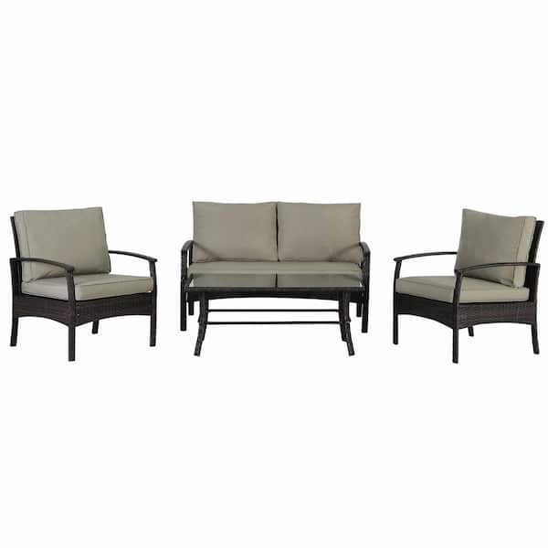 Zeus & Ruta 4--Piece Brown Wicker Outdoor Patio Sectional Sofa Conversation Set with Khaki Cushions and 1 Coffee Table
