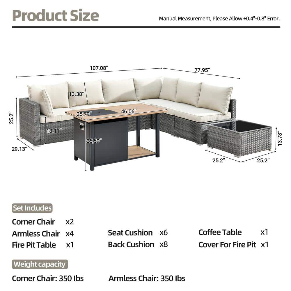 Venice 8-Piece Beige Wicker Outdoor Sofa Set with Fire Pit