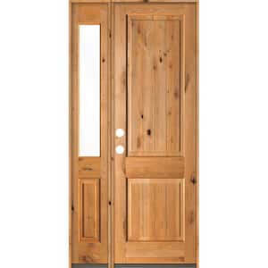 44 in. x 96 in. Rustic Knotty Alder Right-Hand/Inswing Clear Glass Clear Stain Wood Prehung Front Door with Sidelite