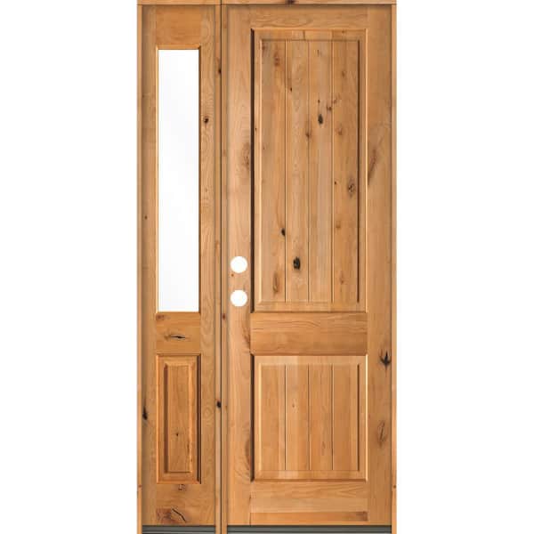 Krosswood Doors 44 in. x 96 in. Rustic Knotty Alder Right-Hand/Inswing Clear Glass Clear Stain Wood Prehung Front Door with Sidelite
