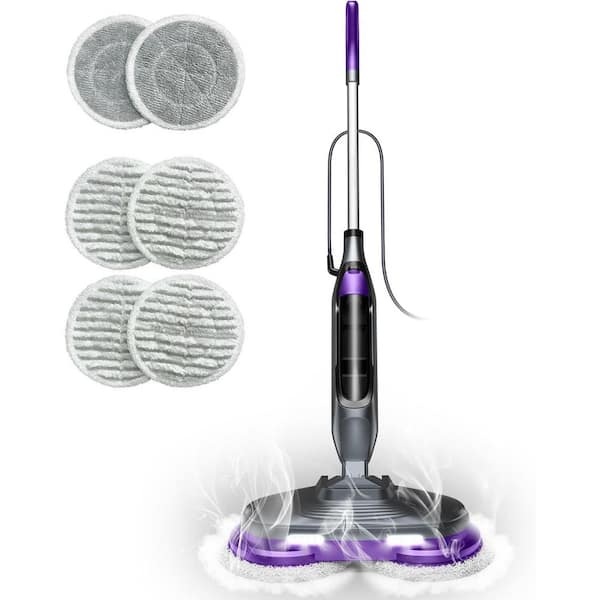 Corded Steam Mop for Sealed Hard Floors, White, Rotating Pads, 4 Cleaning Modes, LED Headlights, Swivel Steering