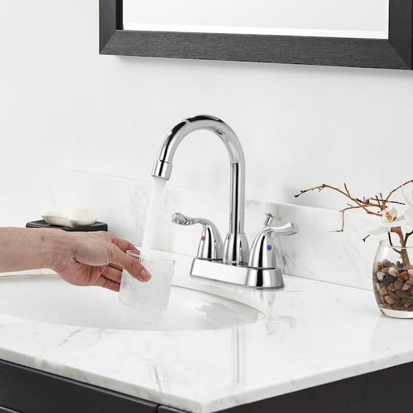 Modern Double Handle 4 in. Centerset High Arc Bathroom Faucet with Lift Rod Drain Assembly in Polished Chrome