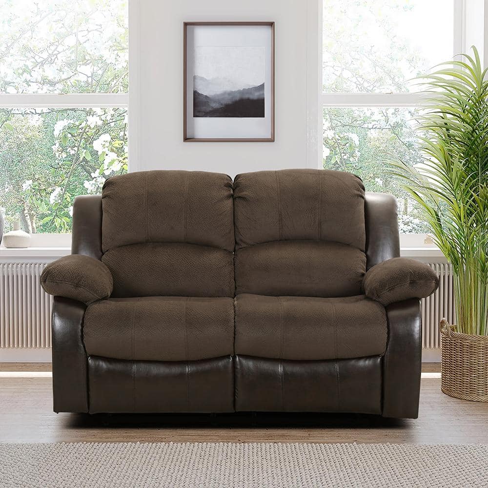 Brown Tufted Faux Leather Reclining Loveseat with Wood Frame