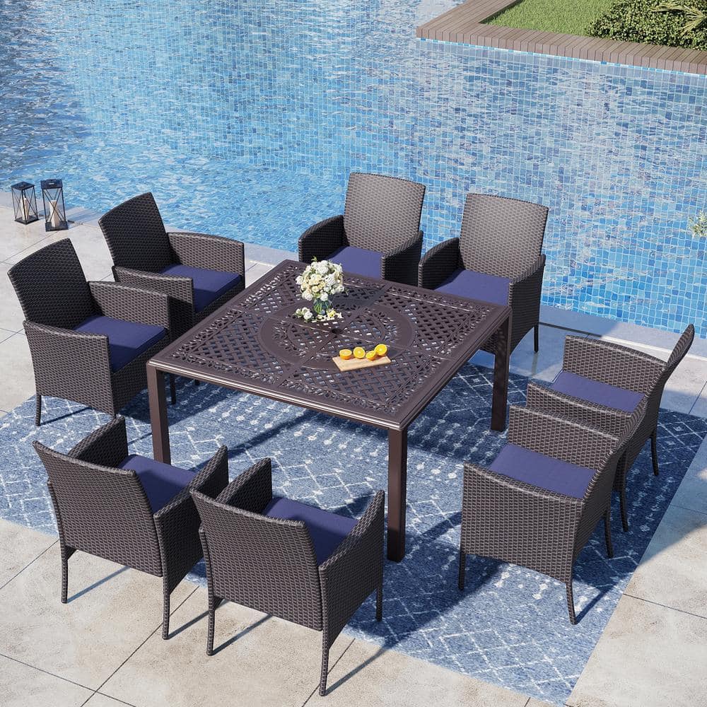 Black 9-Piece Cast Aluminum Patio Outdoor Dining Set with Square Table and Rattan Chairs with Blue Cushion price history on PriceWatchPro