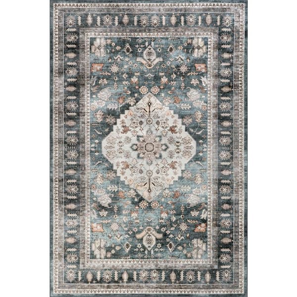 Keyara Spill Proof Washable Green 9 ft. x 12 ft. Indoor Area Rug