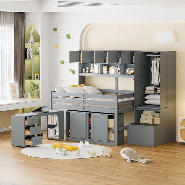Harper & Bright Designs Gray Wood Frame Full Size Loft Bed with Drawers, Wardrobe, Under-bed Desk with wheels, Storage Steps, Shelves