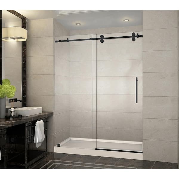 Aston Langham 60 in. x 32 in. x 77.5 in. Frameless Sliding Shower Door in Matte Black, Left Drain