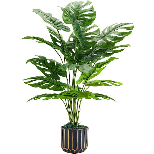 Afoxsos 5.12 in. H Artificial Monstera Plant in Black and Gold Pot for Indoor Decor