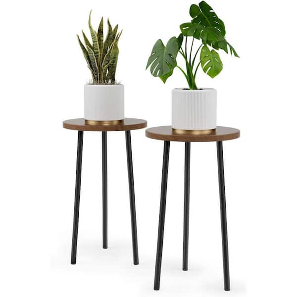 Walnut 19.7 in. H Wood and Metal Indoor/Outdoor Adjustable Corner Plant Stand (2-Pack)