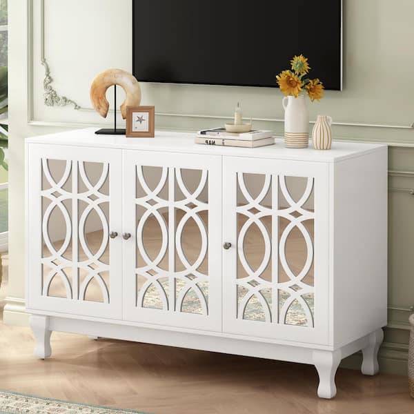 Polibi White TV Stand Fits TV's up to 55 in. with Solid Wood Legs, Metal Handle and 3-Adjustable Shelves