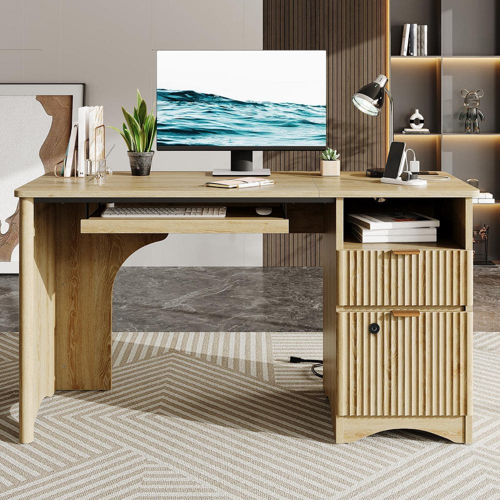 Bestier 55 in Rectangular Oak Writing Desk with Smart Lock File