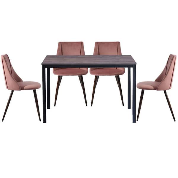 Homy Casa Brandt Smeg Pink 5 Pieces Rectangle MDF Walnut Top Dining Table Chair Set With 4 Upholstered Dining Chair