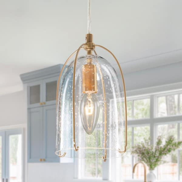 Uolfin Modern Gold Bell Mini Dining Room Pendant Light, 1-Light 5 in. Mid-century Kitchen Island Light with Seeded Glass Shade
