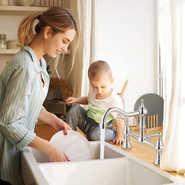 Classic Double Handle Bridge Kitchen Faucet Deck Mount in Chrome